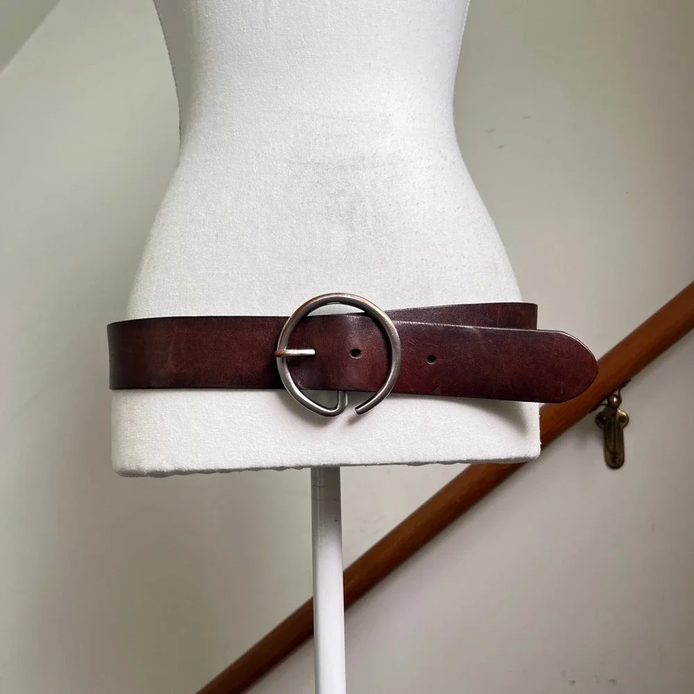 Vintage Gap Belt Large Brown Genuine Leather Wide Silver Circle Buckle 90s
